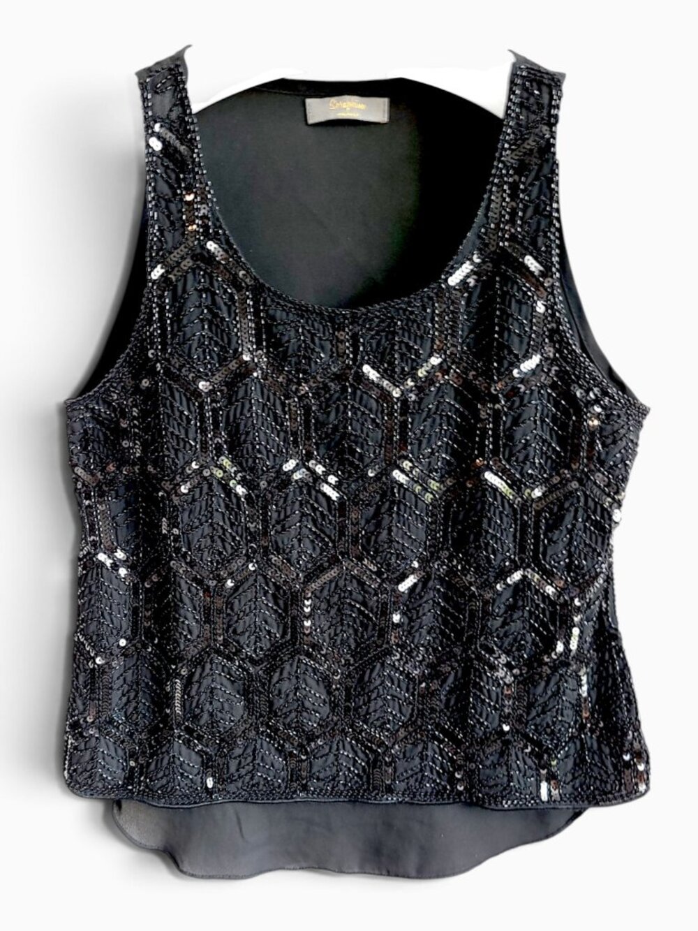Vintage Seraphina Black Beaded Sequin Tank Top XS Sheer Y2K Evening Party